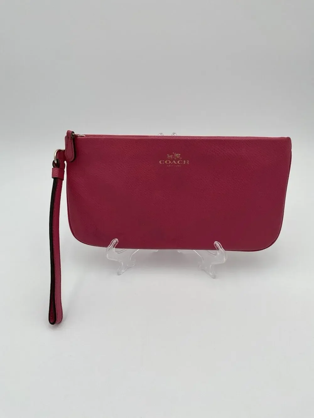 COACH Wristlet Pink Crossgrain Leather Large 9” X 5” Clutch Zip Card Slots NY